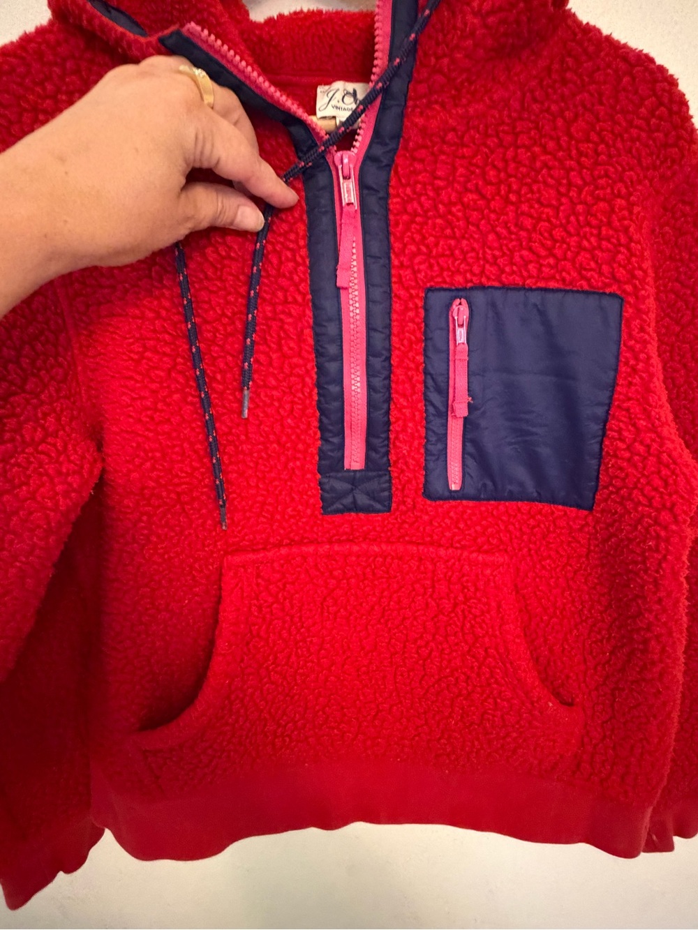 J. Crew Red Sherpa Hoodie 1/4 zip color block pink and purple vintage - Picture 2 of 5